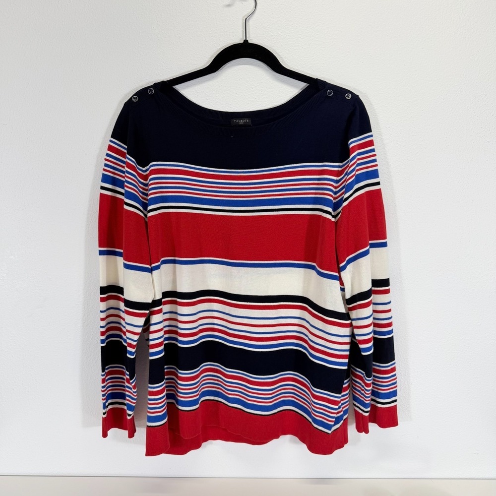 Talbots Striped Bateau Neck Red White & Blue Sweater 3X Nautical Button Shoulder